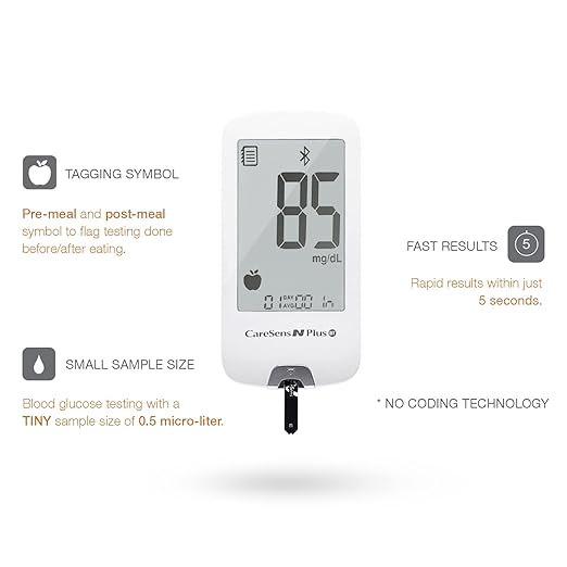 CareSens N Plus Bluetooth Blood Glucose Monitor Kit with 100 Blood Sugar Test Strips, 100 Lancets, 1 Blood Glucose Meter, 1 Lancing Device, Travel Case for Diabetes Testing Kit (Auto-Coding Glucometer kit with 1 Control Solution) for Personal Use