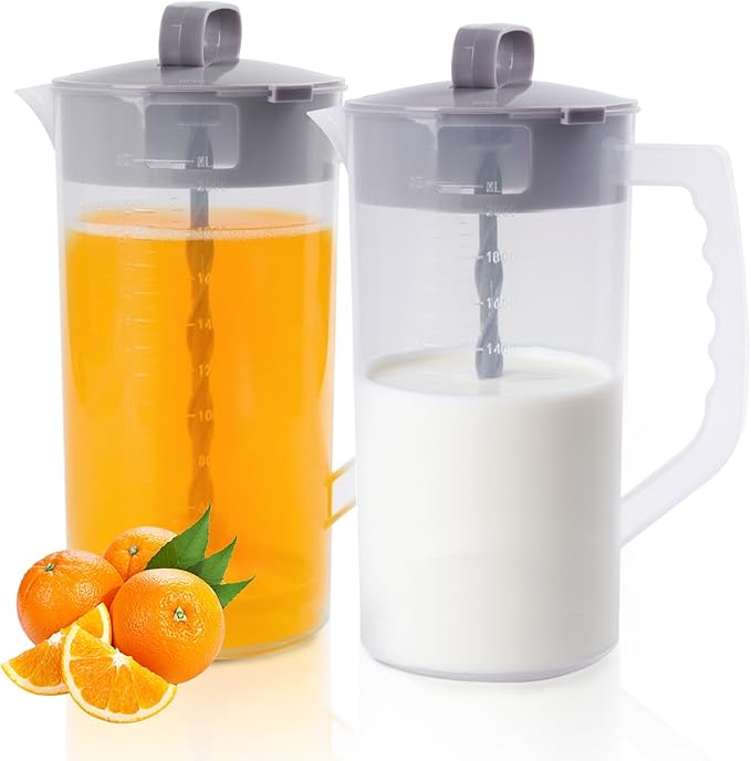 2 Quart/64oz Mixing Pitcher with Adjustable Plunger & Lid - BPA-Free, Leakproof Drink Container for Juice, Formula, Tea - Wide Mouth, Easy Clean, Vortex Mixing Technolog