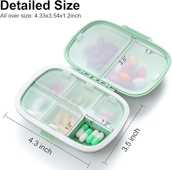8 Compartments Travel Pill Organizer, Daily Pill Case Small Pill Box for Pocket Purse, Portable Pill Container Medicine Vitamin Organizer (Cyan & Khaki)