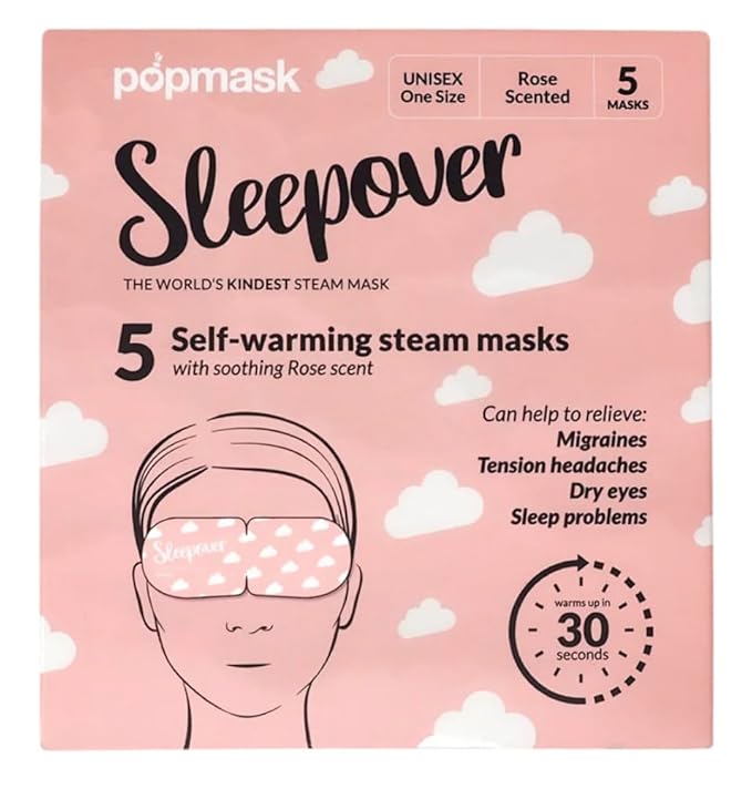 POPBAND Popmask Sleepover Self-Heating Rose Scented Eye Mask, Natural Steam Heat Relief for Migraines, Headaches, Allergies, and Dry Eyes, 5 Individually Packaged Eye Masks
