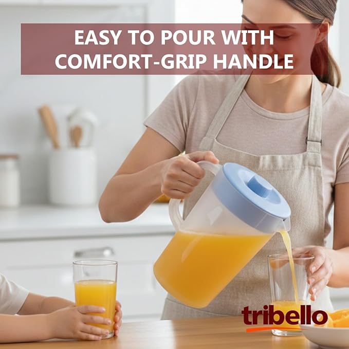 Tribello 1 Gallon Pitcher with Lid, Clear Plastic Water Pitcher with 3-Way Lid, Freezer/Dishwasher Safe, and BPA Free (1 Gallon)