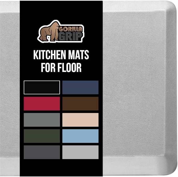 GORILLA GRIP Comfortable Cushioned Kitchen Mats for Floor, 48x20, Waterproof and Stain Resistant Soft Top, 3/4 Inch Thick Ergonomic Standing Desk Anti Fatigue Mat, Foam Supports Feet, Light Gray