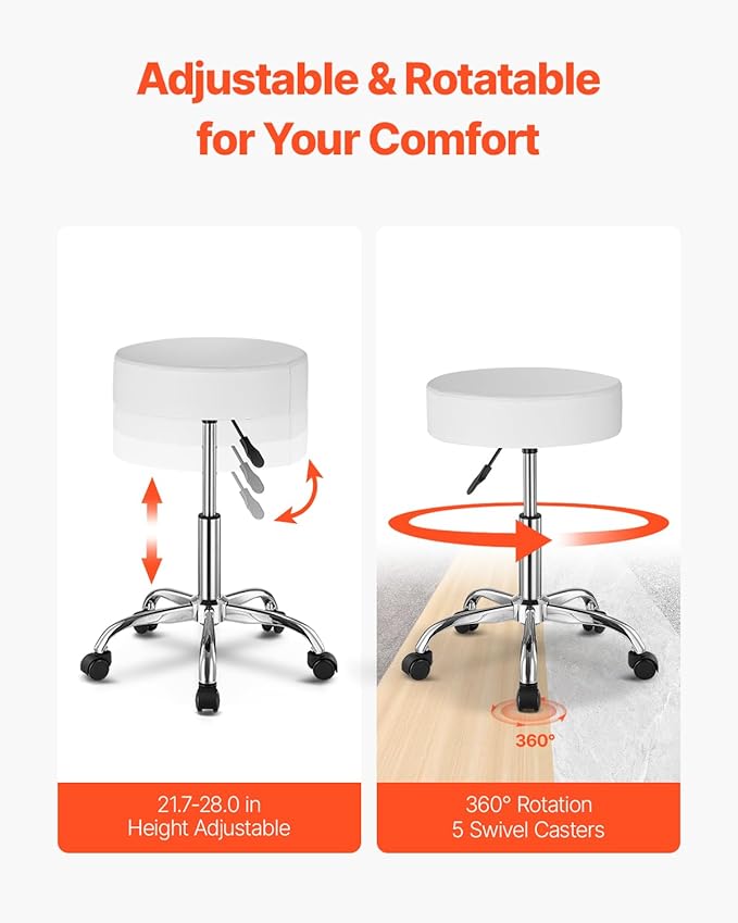 VEVOR Rolling Stool with Wheels, 450 LBS Weight Capacity Round Rolling Stool Chair, Height Adjustable Thickened PU Leather Swivel Stool for Salon, Spa, Massage, Tattoo, Clinic, White