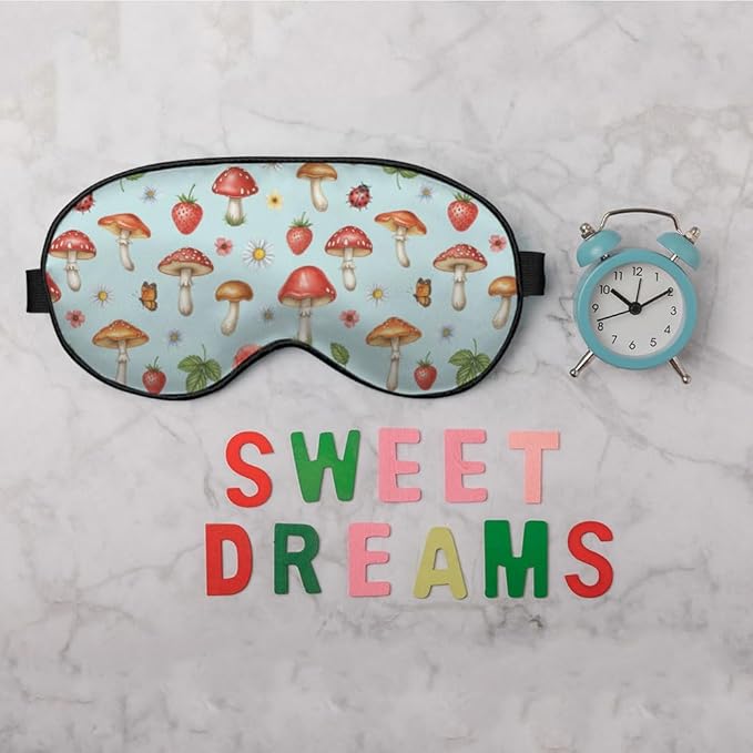 Mushrooms Silk Eye Mask Sleep Mask Summer Flowers Strawberry Butterfly Berries Eye Mask with Adjustable Strap Lightweight for Women Work Travel Night Sleep