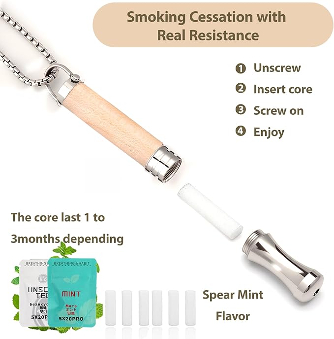Anxiety Breathing Necklace with Resistance, Quit Smoking Necklace with Mint Filter, Quit Vaping Tool with Air Filter, Anxiety Relief Breathing Tool (Maple)