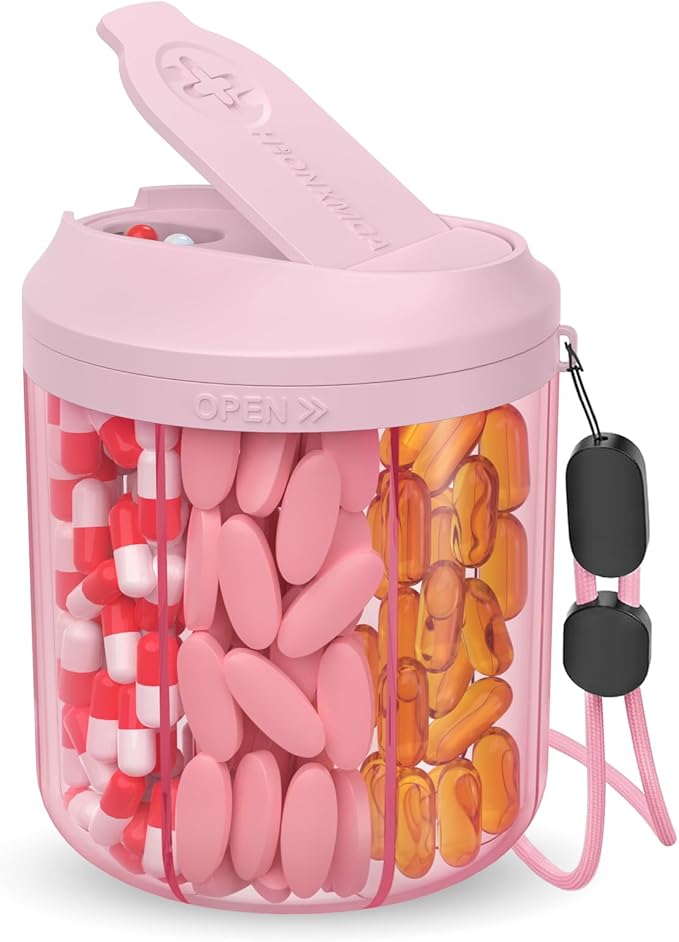 Pill Organizer with 7 Large Compartments, Pill Dispenser for Travel, Supplement Organizer with Anti-Mixing Design, BPA-Free Pill Container with 20 Pcs Labels, Pink