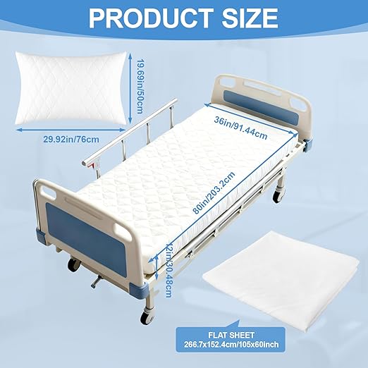 Lounsweer 3 Piece Hospital Bed Sheet Set, White Waterproof Bed Sheet Set, Incontinence Protection for Home and Hospital Use, Include 1 Fitted 36" x 80" x 12" 1 Flat and 1 Pillowcase