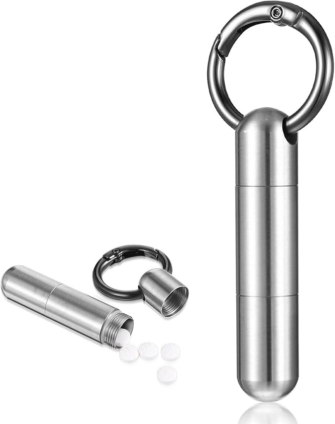 Small Pill Case Keychain Tiny Portable Pill Container Carabiner Clip Medicine Holder Bottle Mini Waterproof Metal Emergency Medicine Organizer for Travel Purse Outdoor Camping (2 Compartment)