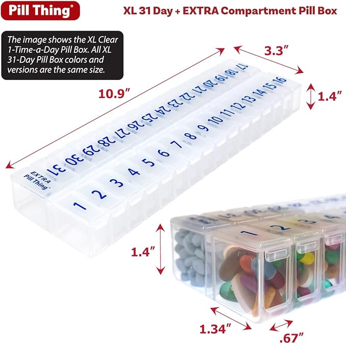 XL Monthly Pill Organizer, Once-a-Day 31-Day Medication Storage Box w/Removable Lid, Extra Compartment for Additional Pills, BPA-Free (XL Blue – 1 Count)