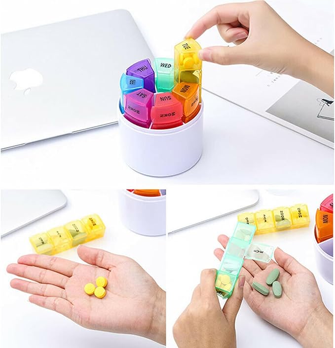 Weekly Pill Organizer 7 Day 4 Times a Day, Medicine Box Round Storage Holder with Lid Supplements Fish Oil Calcium Vitamin Container Portable Travel Pill Case