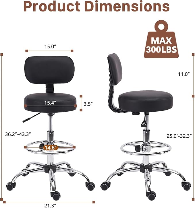 Drafting Stool Chair with Ergonomic Backrest & Footrest, Padded Leather Seat Adjustable Height 360° Swivel Rolling Stools, Tall Office Chair for Standing Desk, Counter, Medical, Black, 2 Pack