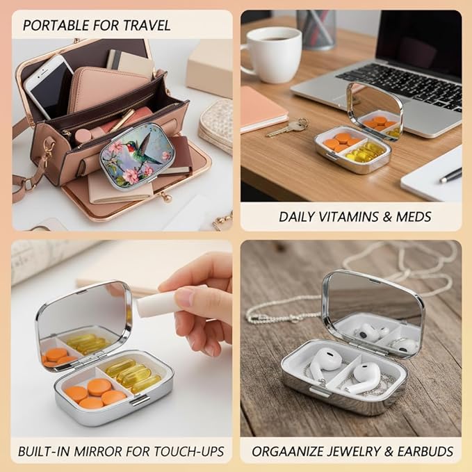 Hummingbird Pill Box 2 Compartment Small Pill Case,Portable for Pocket or Purse Pill Organizer Pill Container Holder with Mirror to Hold Vitamins, Medication, Fish Oil and Supplements