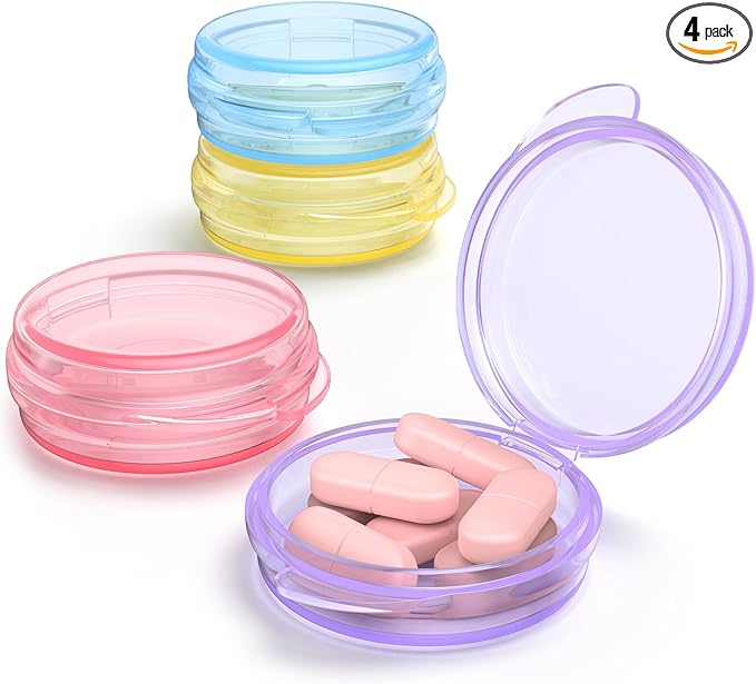 Small Pill Box, (4 Pack) Travel Pill Case Portable Daily Pill Organizer Mini Medicine Storage Container for Pocket Purse Cod Liver Oil Storage Box Earplug Case