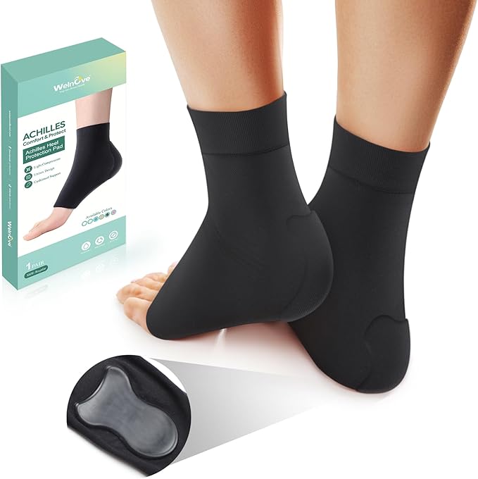 Welnove Achilles Tendonitis Heel Protector Socks - 4 Pcs Achilles Tendon Support Compression Socks - Gel Padded Sleeve for Cushion & Protection of Bursitis, Tenderness, Dry Cracked (Black,Larger)