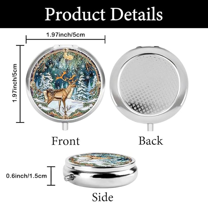 Portable Round 3 Compartment Metal Pill Box Features A Reindeer in A Snow Covered Forest Ideal for Winter Outings Outdoor Adventures and Holiday Gifts