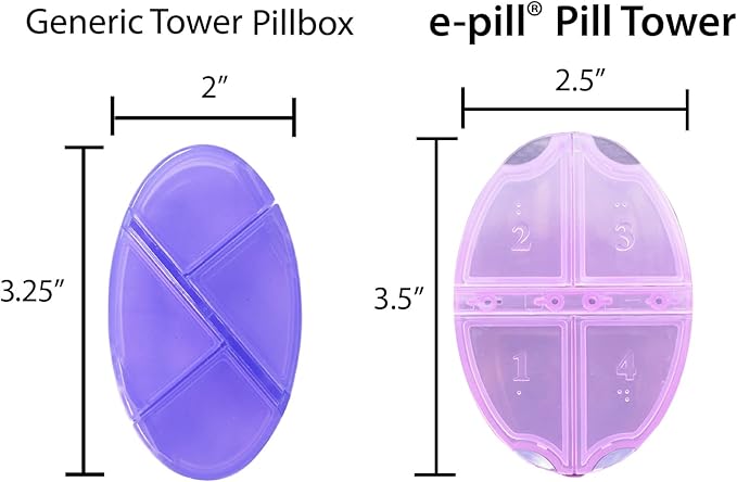 e-Pill Tower Pro - 4 Times a Day x 7 Day Weekly Pill Organizer, Vitamin and Medicine Pill Box - Stackable Pillbox Holder and Pill Cutter