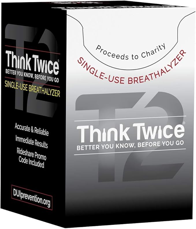 Think Twice Single-Use Breathalyzer - 30 Count - Disposable Alcohol Test 0.00% - 0.08% BAC