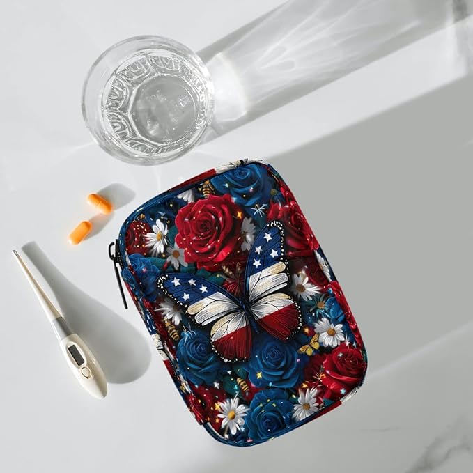 Flowers Butterflies American Flag Pill Case Everyday Travel, 7 Day Weekly Medicine Pill Box Compact Portable Pills Bottle Organizer with Zipper for Daily Vitamin Medicine Holder Bottle Organizers Bag