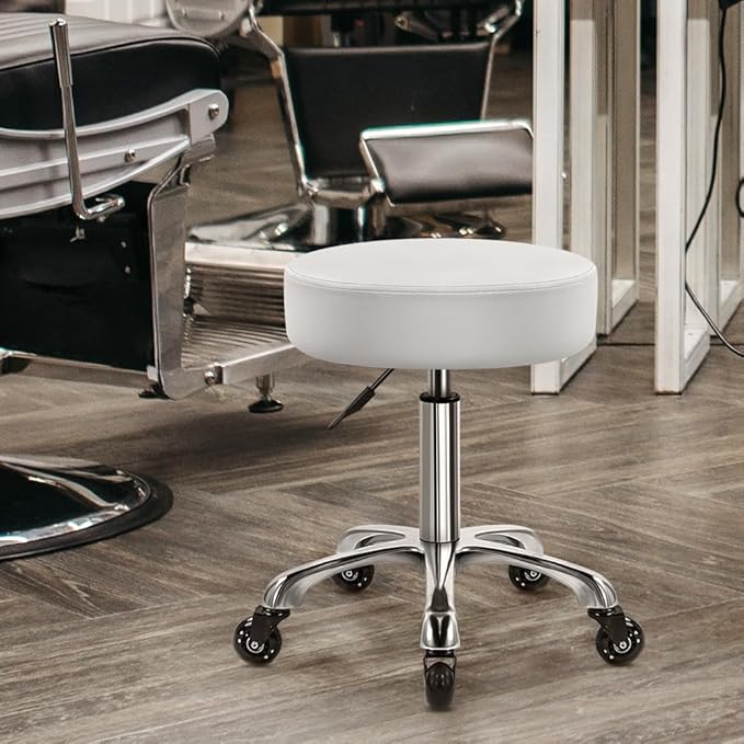 Heavy Duty Rolling Stool with Wheels Hydraulic Swivel Adjustable Rolling Stool Ergonomic Thick Leather Seat Chair for Kitchen Drafting Lab Office Salon Massage – White