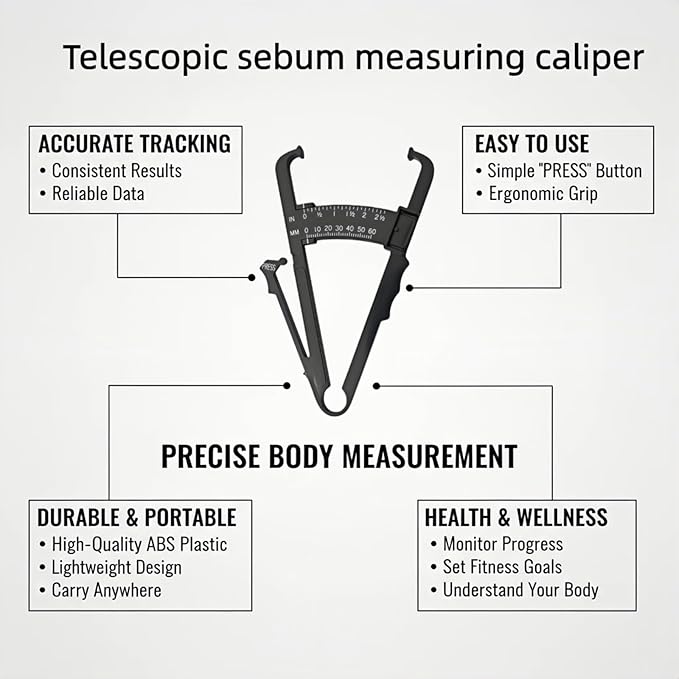Professional High-Accuracy Body Fat Caliper with Dual Metric/Imperial Scale, Dual Scale Skinfold Measure for Men & Women - Easy, Portable Fat Percentage Tester, Home/Gym Use (Black)