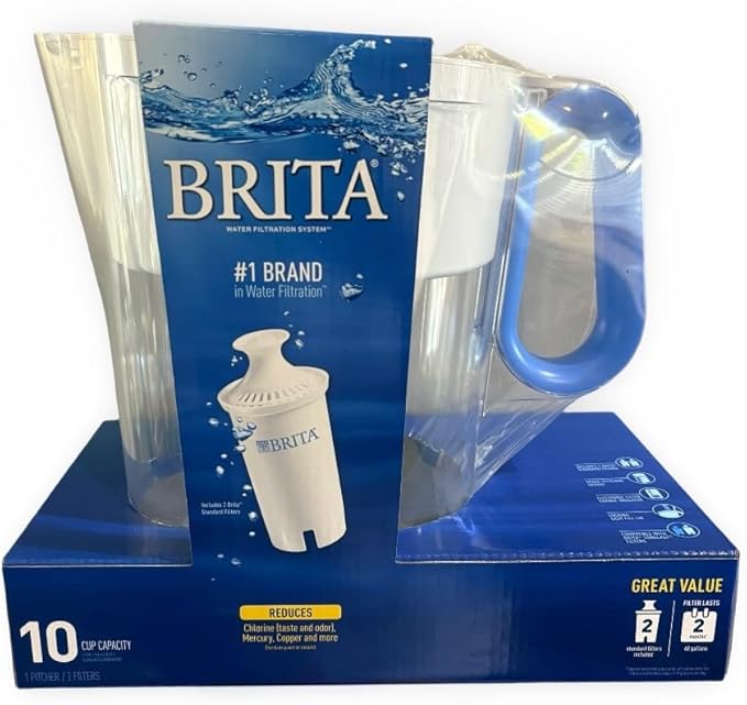 Brita Large Water Filter Pitcher with 2 Standard Filters, 10-Cup Capacity, BPA-Free, Blue, Reduces Chlorine Mercury Copper