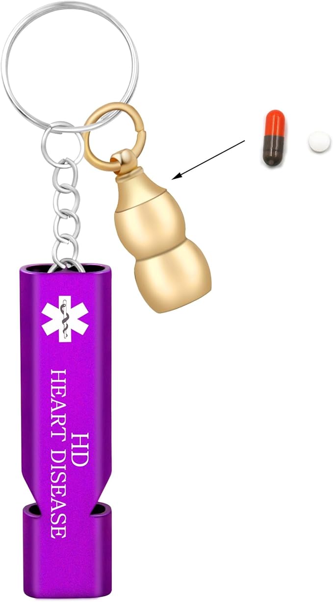 Brass Gourd Pill Case Keychain with Purple Whistle – Waterproof Pill Container Engraved with Type II Diabetes Info for Travel and Daily Use