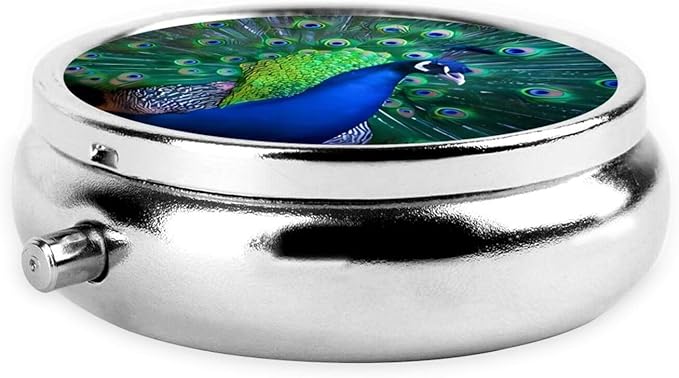 Beautiful Peacock Printed Round Travel Pill Box Cute Small Metal Pocket Pill Case for Men & Women 3 Compartment Portable Pill Organizer for Purse or Pocket