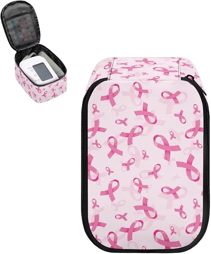 Breast Cancer Awareness Ribbon Blood Pressure Monitor Case Travel Portable Carrying Case for Blood Pressure Monitor with Zipper and Mesh Pockets