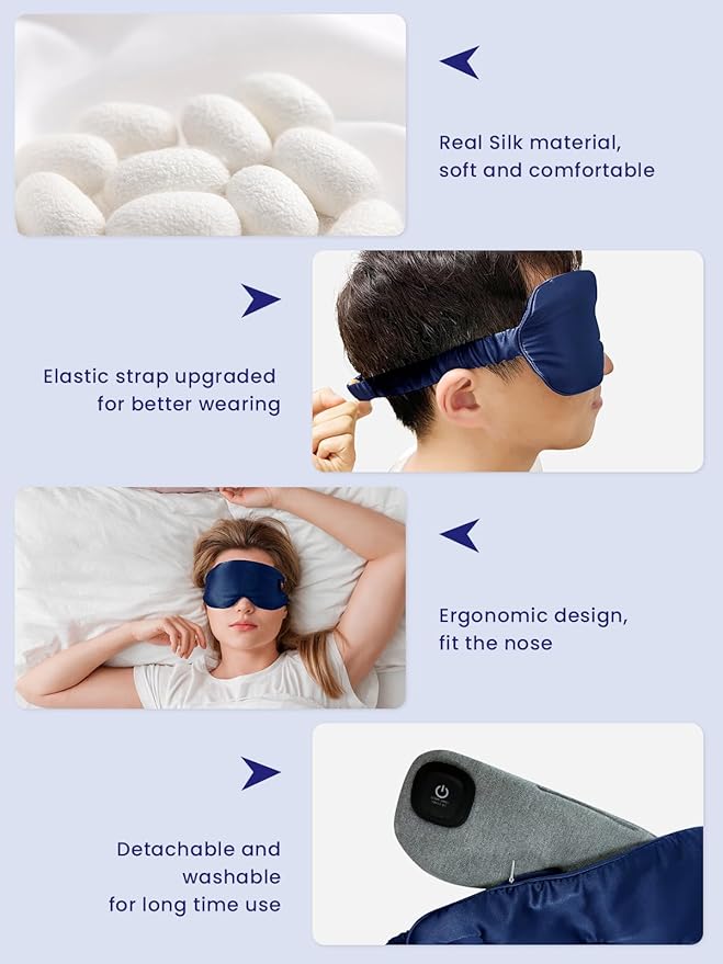 Upgraded 3 Temperature Modes Silk Heated Eye Mask Cordless,Rechargeable Warm Eye Heating Pad No Pressure for Dry Eyes, Sleep Eye Mask Christmas Gift for Men Women (Dark Blue)