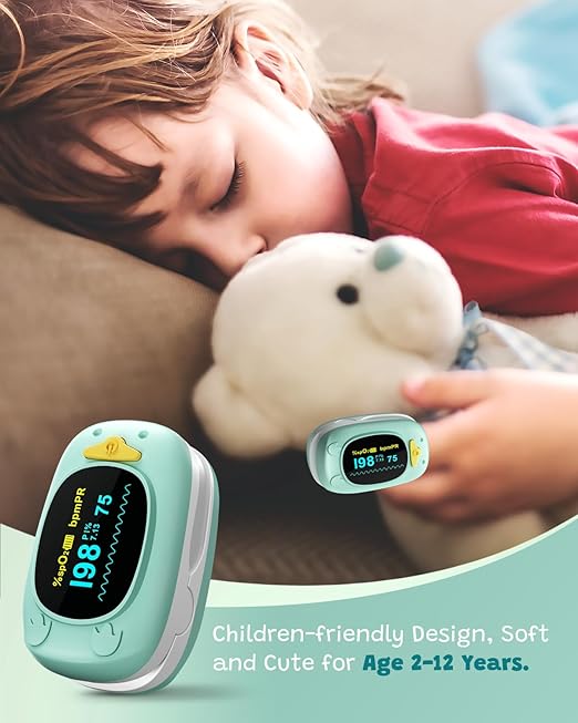 Children Pulse Oximeter Fingertip Pulse Oximeter for Kids Child Blood Oxygen Monitor Portable Blood Oxygen Saturation Monitor SpO2 Finger Pulse Oximeter Included With AAA Battery
