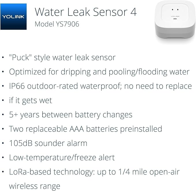 YoLink Water Leak Starter Kit: Hub + 2 Leak Sensor 4 (105 dB Siren), LoRa Long-Range, App/SMS/Email Alerts, D2D Offline, 2 AAA Up to 5-Year Battery, Compatible with Alexa/IFTTT/Home Assistant