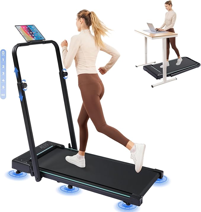 GTPLAYER Walking Pad Treadmill with Adjustable Height Handle Bar, 3HP Quiet Foldable Under Desk Treadmill, Portable Treadmills for Home 350LBS with Remote Control LED Display