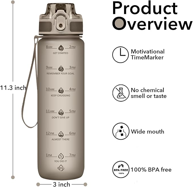 32oz Water Bottle with Time Marker, Motivational Drinking Bottle with Strap, BPA-Free Leak-Proof, Encouraging Water Bottle Time to Drink Water for Gym School Office Travel