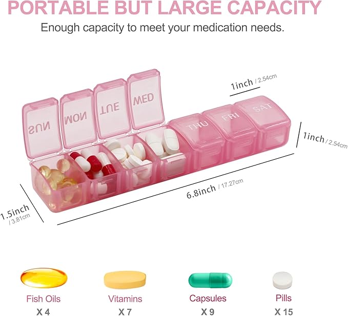 2 PCS Small Weekly Pill Organizer 7 Days,Pocket Daily Pill Case, Daily Planner, Pill Box for Pills/Vitamin/Fish Oil/Supplements (Pink)