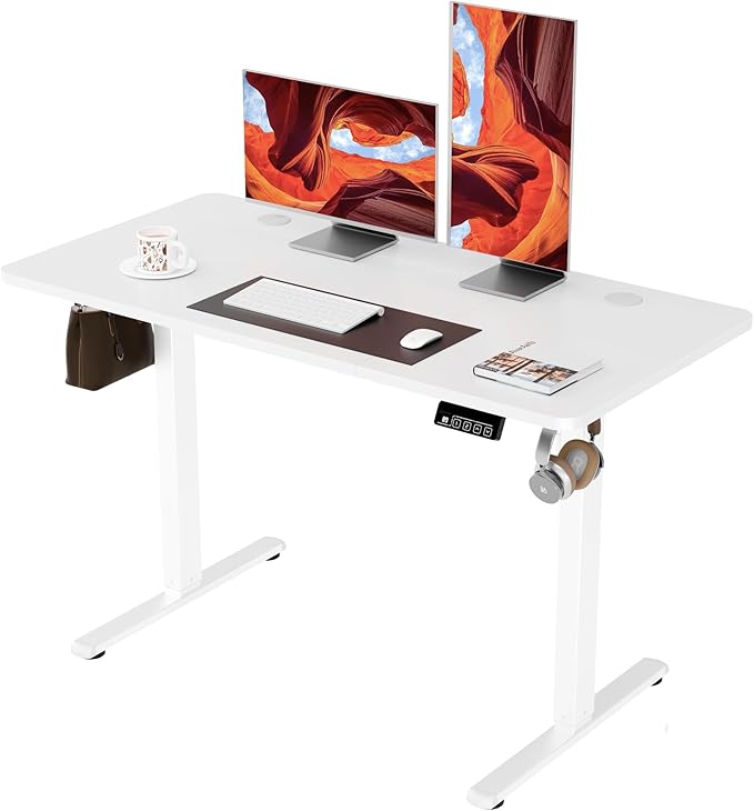 ERGOMAKER Electric Standing Desk, 43.3" x 23.6" Height Adjustable Sit Stand Desk with Splice Board for Home Office, Computer Desk Memory Preset (White Frame, White Desktop)