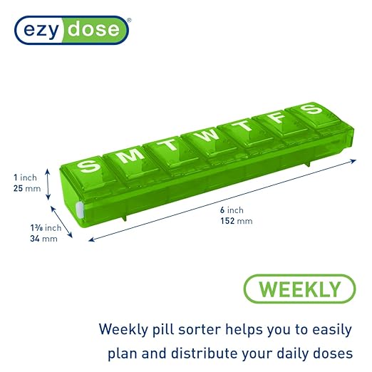 EZY DOSE Weekly (7-Day) Pill Planner, Medicine Case, Vitamin Organizer Box, Large Locking Compartments to Secure Prescription Medication and Prevent Accidental Spilling, Green