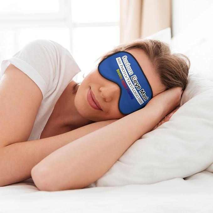 Custom Sleep Eye Mask Personalized Men Women Blindfold Design Your Own Photo Text Logo Adjustable Strap Soft Eyeshade Customized Blackout Eye Cover for Home Offices Travel Royal Blue