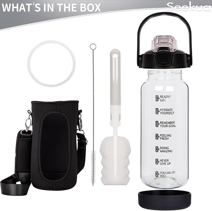 48 oz Glass Water Bottle with Straw and Time Marker, Large Motivational Borosilicate Glass Drinking Bottle with Silicone Boot and Sleeve