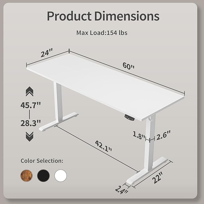 Agilestic Electric Standing Desk, 60 x 24 Inches Height Adjustable Desk, Sit Stand up for Work Office Home, Ergonomic Rising Computer Table with Memory Preset, White