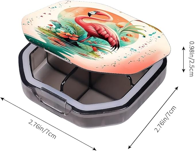This Portable Flamingo Flower Pattern 4 Compartment Pill Box Can Be Placed in A Pocket Or Wallet to Store Vitamins, Medicines Health Supplements Other Medications.
