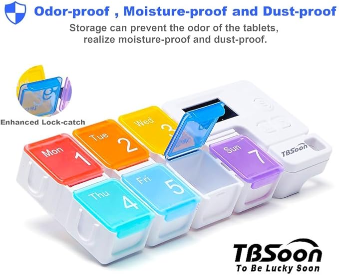 7 Day Medicine Pill Organizer, 4 Reminder Alarms, Loud Sound, 7 Large Compartments, Large Screen, Moisture-Proof, Dust-Proof, Travel Weekly/Daily Pill Box/Organizer/Case/Container/Dispenser, TBSoon
