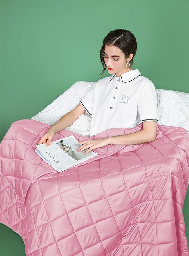 ZZZhen Cooling Weighted Blanket by Bamboo - Noticeable Cold Hand Feel for Summer - Utral-Soft and Breathability 100% Bamboo Pink, 48''72'' - 15LB