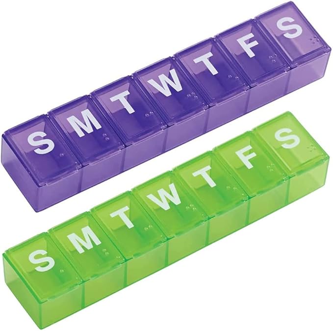 Ezy Dose Weekly (7 Day) Pill Organizer Case, Medium Compartment Vitamin and Medicine Box, Easy to Use (Large - 2 Pack - Colors Vary)