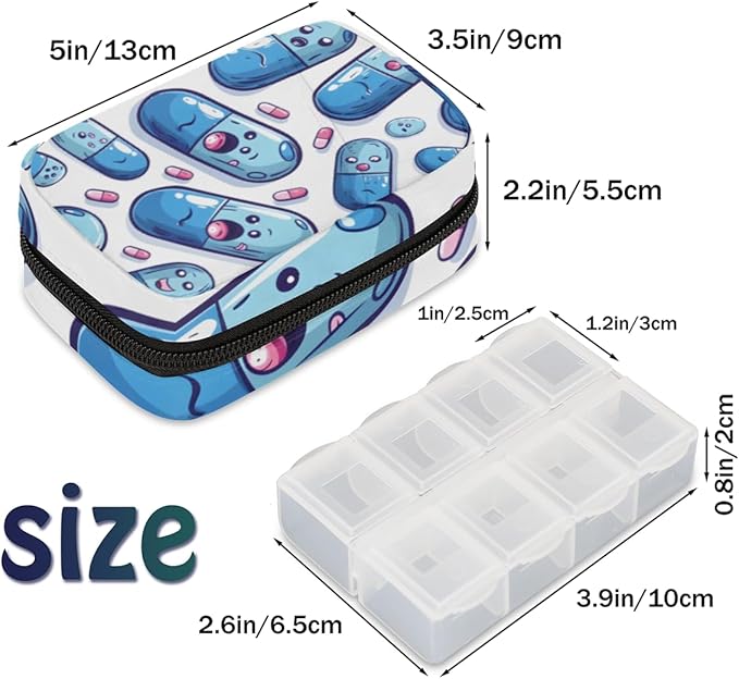 Portable Pills Organizer for Purse, Pill Cases Organizers 7 Day Medicine Travel Case, Personal Week Pill Organizer Cute Zipper Medication Bag Containers for Vitamin, Supplement (Cute Capsule)