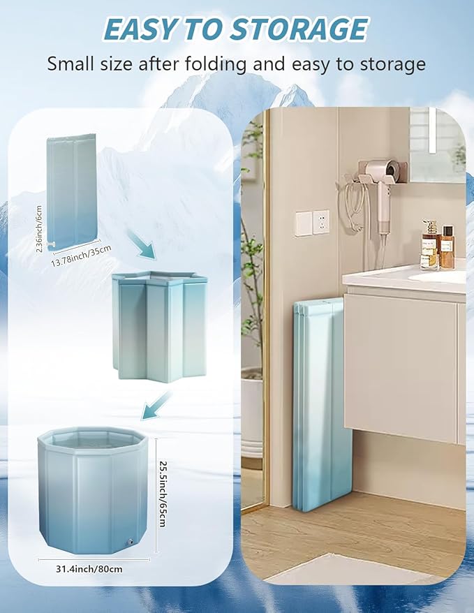 Portable Bathtub for Adults, Collapsible Freestanding Bathtub for Shower, Hot Ice Bath Tubs with Thickened Thermal Foam to Keep Temperature, PVC Outdoor Soaking Tub (Gradient Blue)