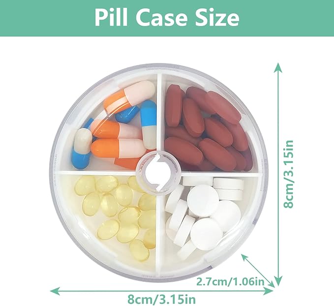 Pill Organizer Portable Travel Pill Box Round Rotatable Pill Case 4 Large Compartments Medicine Organizer for Vitamin Fish Oil Pills Supplements (White + Dark Bag)