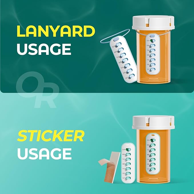 Odaro 4 Pack Pill Reminder, Lanyad or Sticker Pill Tracker, Work with Most Bottles, Reusable Medication Tracker Replacement of Vitamin Weekly (7 Day) Medicine Organizer