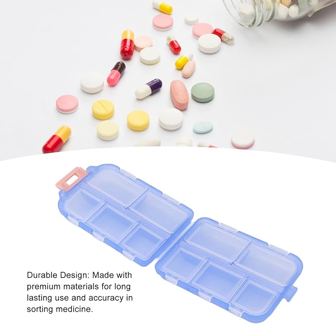 Travel Pill Organizer, Plastic 10 Compartments Pill Case Portable Pill Box Buckle Lock Weekly Portable Pill Holder Container for Purse (Blue)