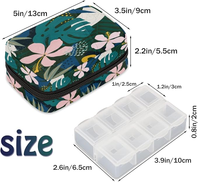 Pill Case Pill Travel Organizer 7 Day Weekly Medicine Pill Box Hawaiian Palm Leaf Flower Small Cute Compact Size Vitamin Container Pill Bottle Portable Birth Control Pill Holder Bag with Zipper