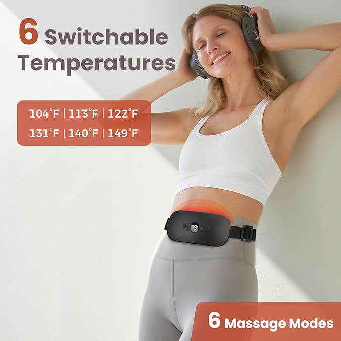NOWWISH Heating Pad for Period Cramps Pain Relief, Portable Electric Cordless Menstrual Heating Pad Rechargeable with 6 Heat Levels and 6 Massage Modes, Christmas Gifts for Women Teen Girls, Black